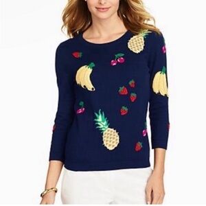 Talbots Navy Sweater with Fruit Embroidery Cotton Blend Size MP